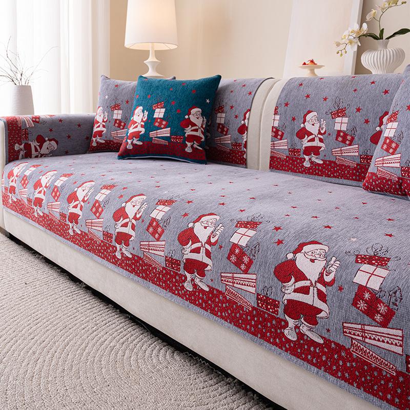 Holiday Santa Claus Printed Sofa Cushion Soft Chenier Couch Slipcover for Living Room Four Season Universal Corner Sofa Covers