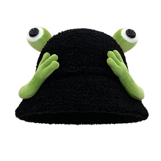 

Зимняя панама мультяшного дизайна с 3D лягушкой, утолщенная плюшевая шляпа рыбака, женский аксессуар для активного отдыха чёрный