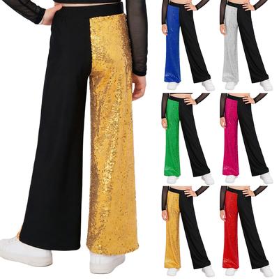 Girls Sequins Patchwork Pants Elastic Waist Color Block Dance Trousers Hip Hop Jazz Outfit