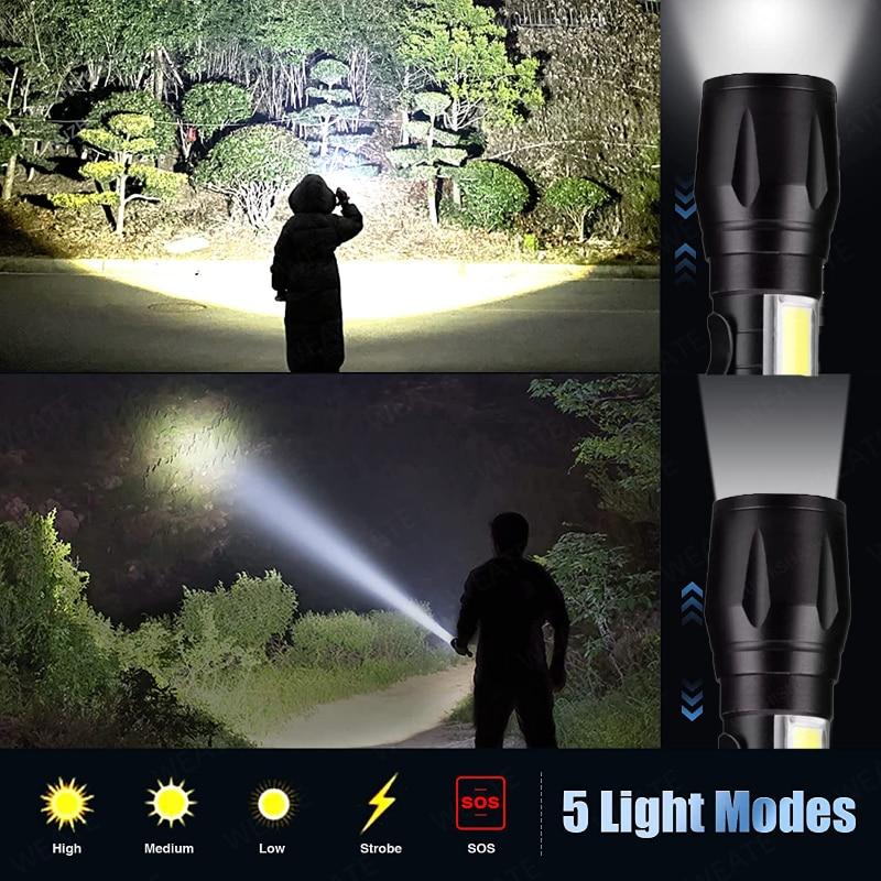GAOUTO 2 Torce LED Ricaricabili 2000 Lumen - XML-T6 Con Luce Laterale COB, Zoom, Impermeabile IPX5, Mini E Portatili (Batteria 18650 Inclusa) Per Campeggio Ed Emergenze