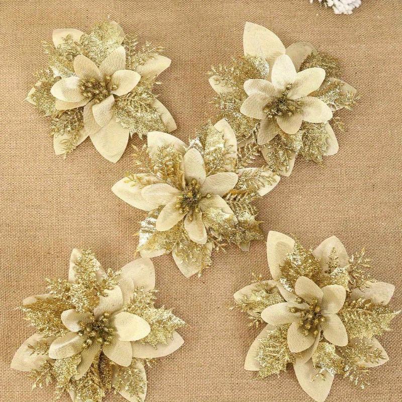 Poinsettia Artificial Christmas Glitter Flowers, Christmas Ornaments Xmas Tree Flower Decorations with Stems DIY Xmas Wreath Holiday Home Party Decor