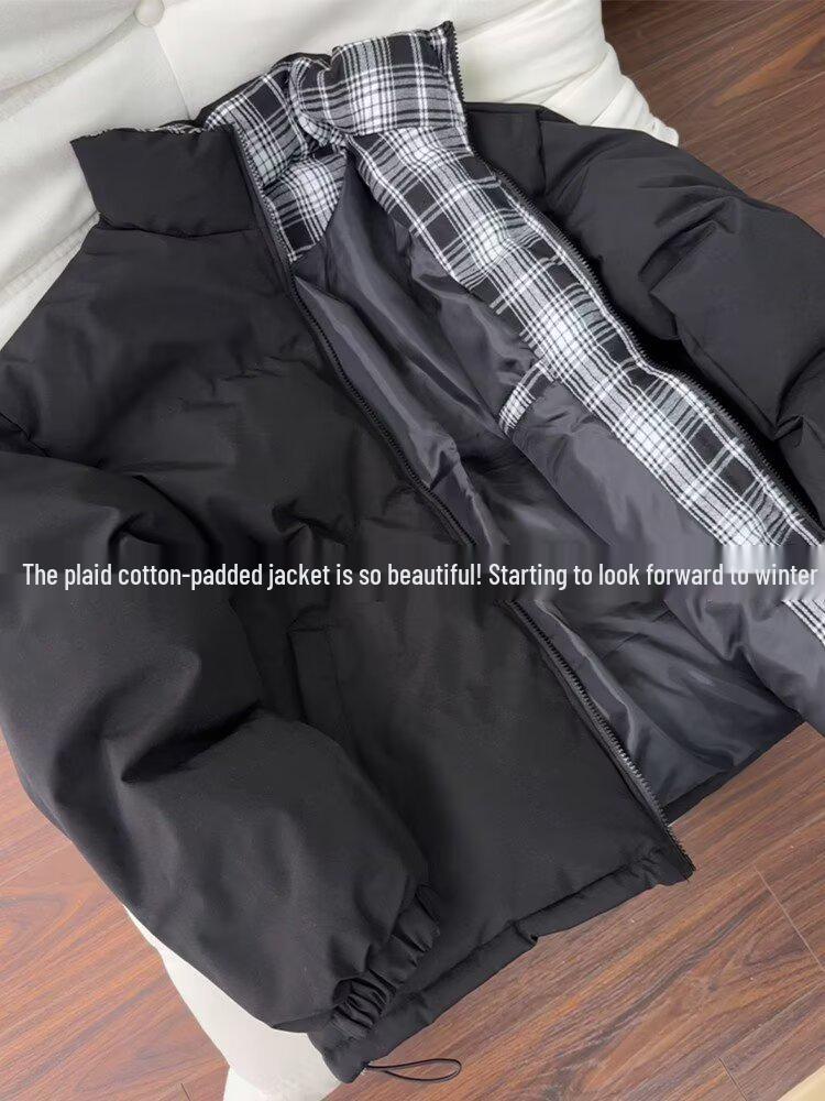 Men's Black Plaid Patchwork Stand Collar Cotton Puffer Jacket - Winter Warm Outerwear