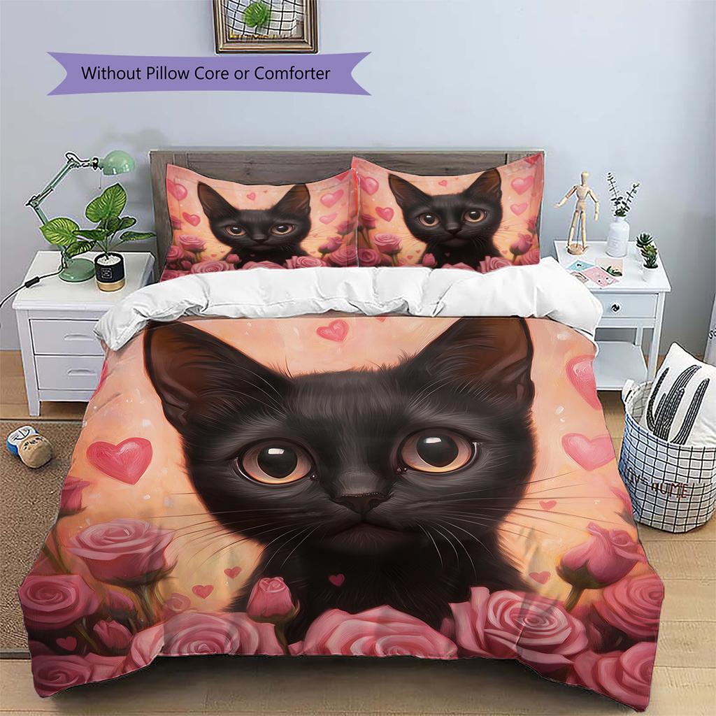 Pink Bombay Cat Pattern Bedding Home Decoration Birthday Gift (1 * Duvet Cover + 2 * Pillowcase, Without Core)