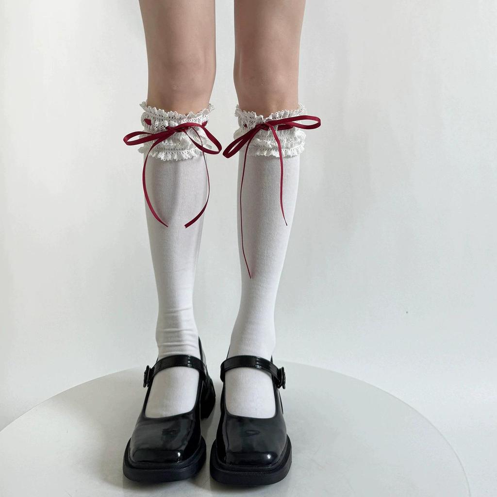 Reine Baumwolle Lolita Breite Spitze Schleife Socken - Frühling Wadenlang Süßer Wunsch Stil