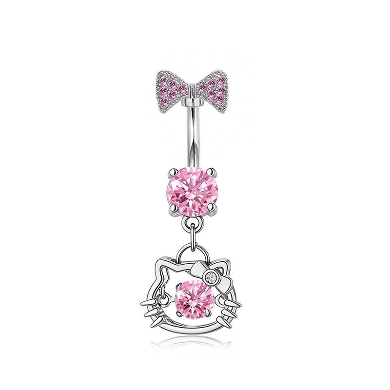 Cartoon Hello Kitty Stainless Steel Belly Button Ring Pink Zircon Bow Heart Navel Piercing Jewelry For Women Girls Body Piercing