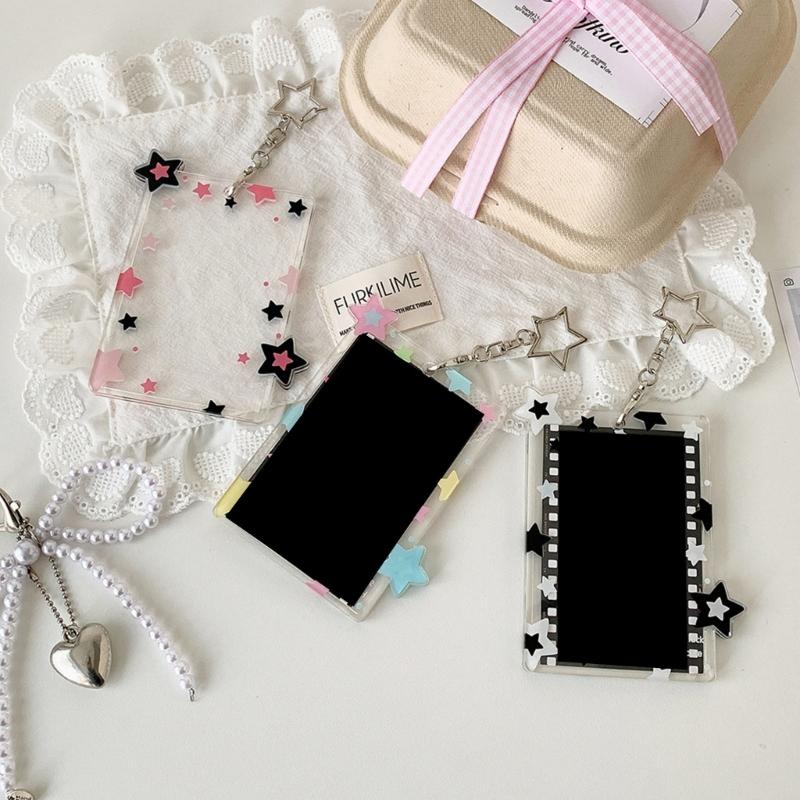 Star Print Photo Card Case with Keychain Clip 3Inch Photo Protectors Waterproof Acrylic Card Covers for Badges Photos