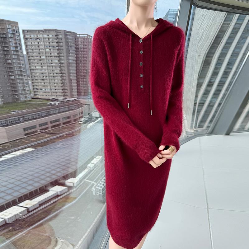 Versatile Hooded Knitted Dress - Autumn/Winter 2025: Slimming, Loose, Long Dress Shirt.