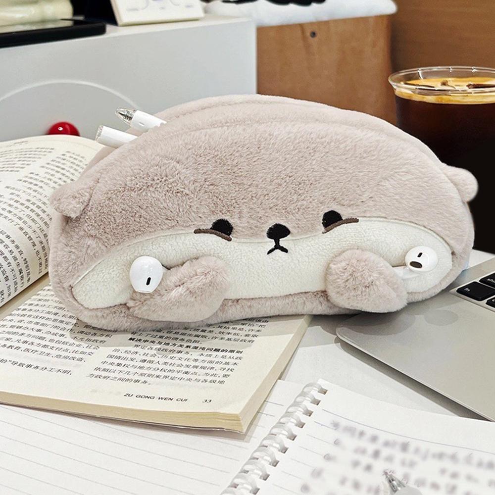 Cute Otter Penguin Plush Pen Bag Large Capacity Pencil Case Cute Cartoon Stationery Storage Bag Student Back To School Gift