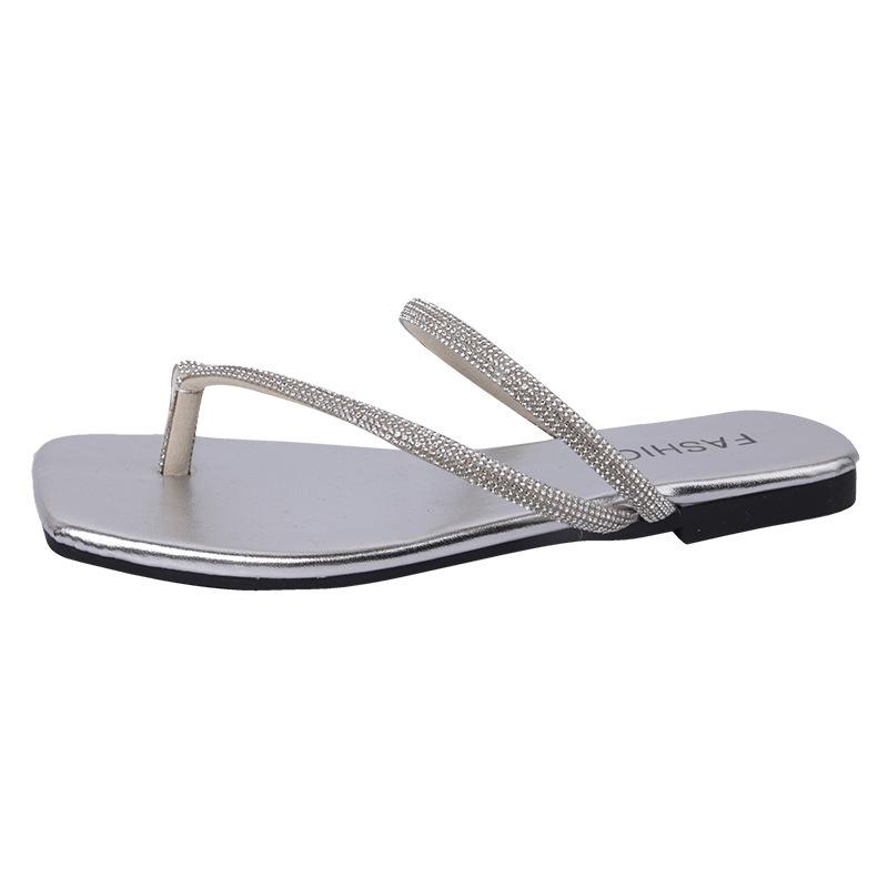 Summer New Rhinestone Flat-bottomed Slippers Women's Outerwear Cover Toes with Cool Slippers