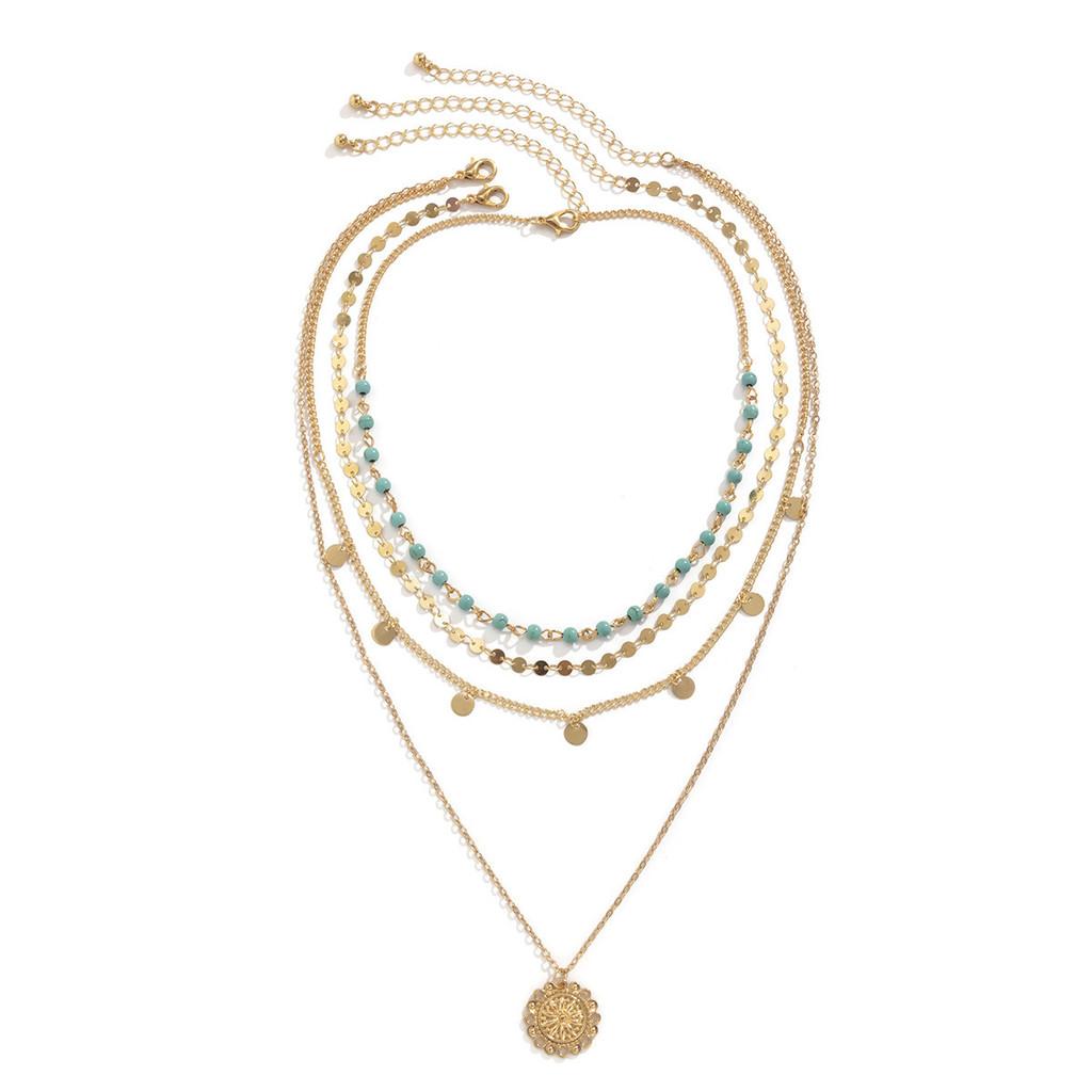 Unique Necklace Multilayered With Alloy Geometric Shapes And Eyecatching Turquoise Beads
