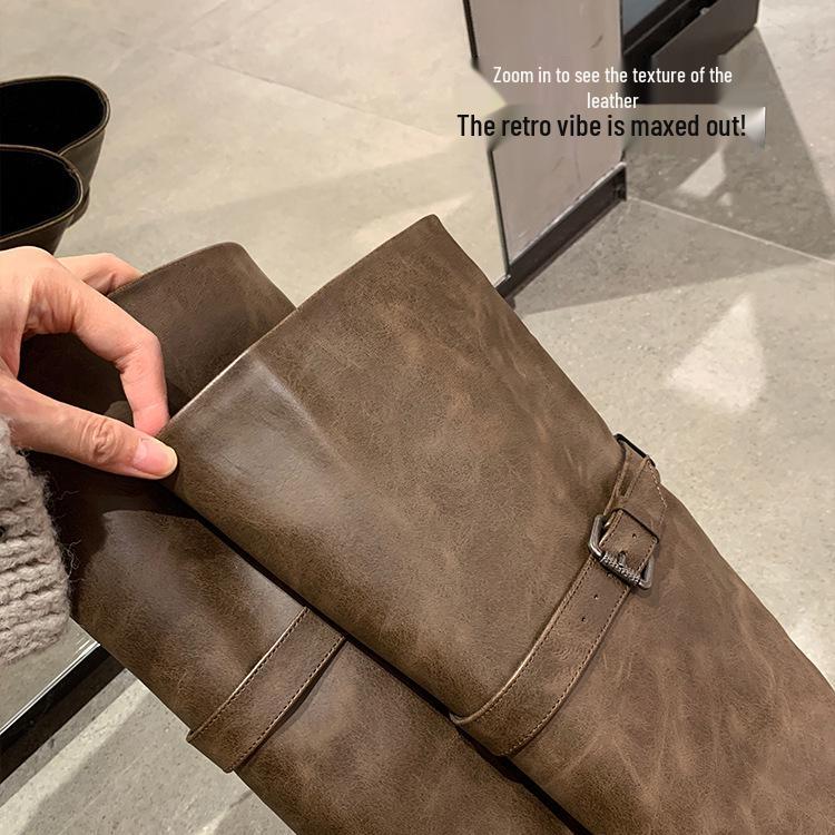 Su Yinyin Retro Cowhide Double Buckle Over-the-Knee Chunky Heel Round Toe Knight Boots for Women