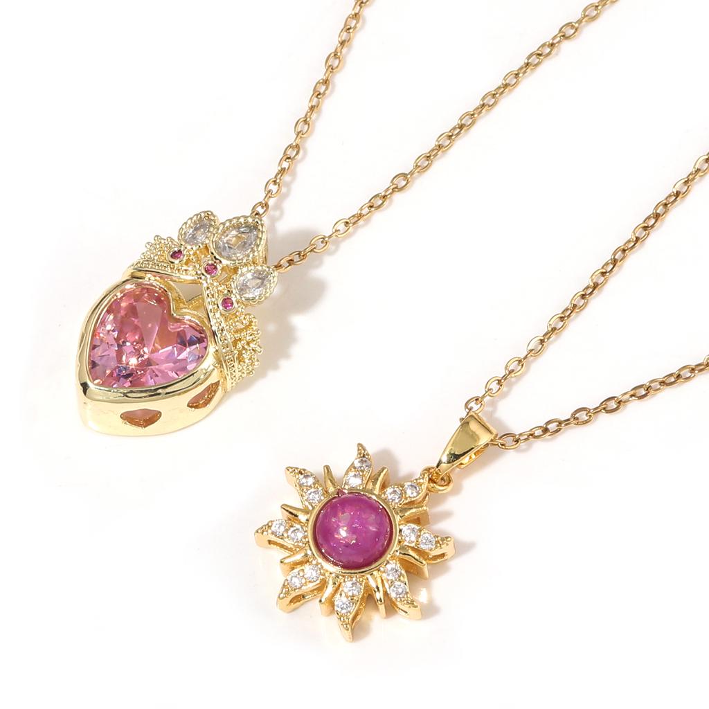 2PCS/Lot Anime Princess Long Hair Sun Crystal Crown Charm Necklace Rapunzel Rhinestone Girl Gift Pendant Chain Elegant Jewelry