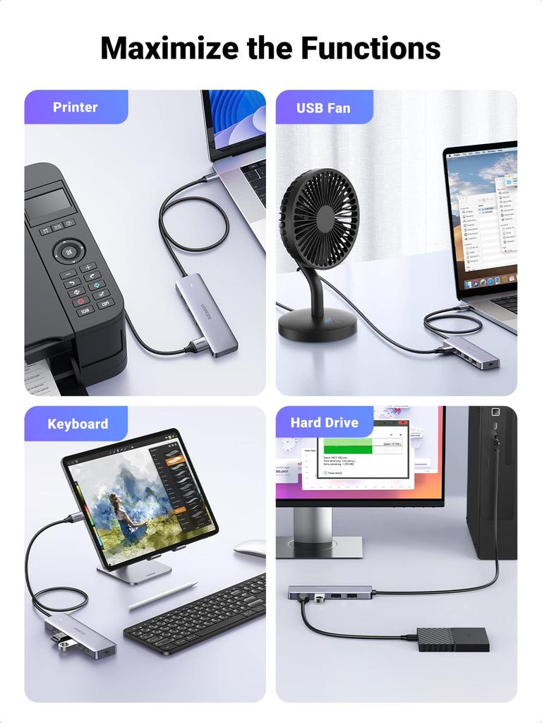 UGREEN Hub with USB 60cm or 5Gbps Data LED Power Supply Compatible with USB Flash and Low Power Compatible with and More USB-C Hub, 4-Port Type-C 3.0