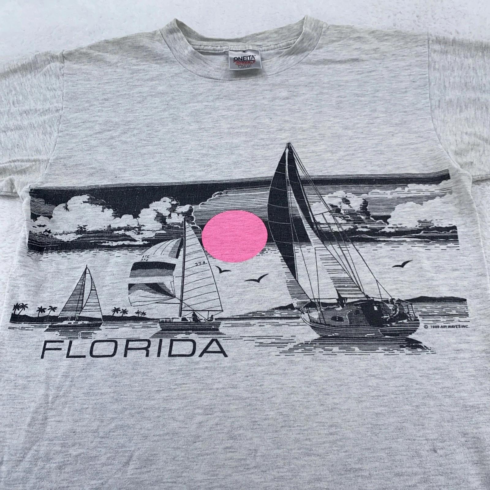 

Vintage Florida Shirt Mens Medium Gray Sailboat Sunset Tee Beach Surf USA 80s 3XL