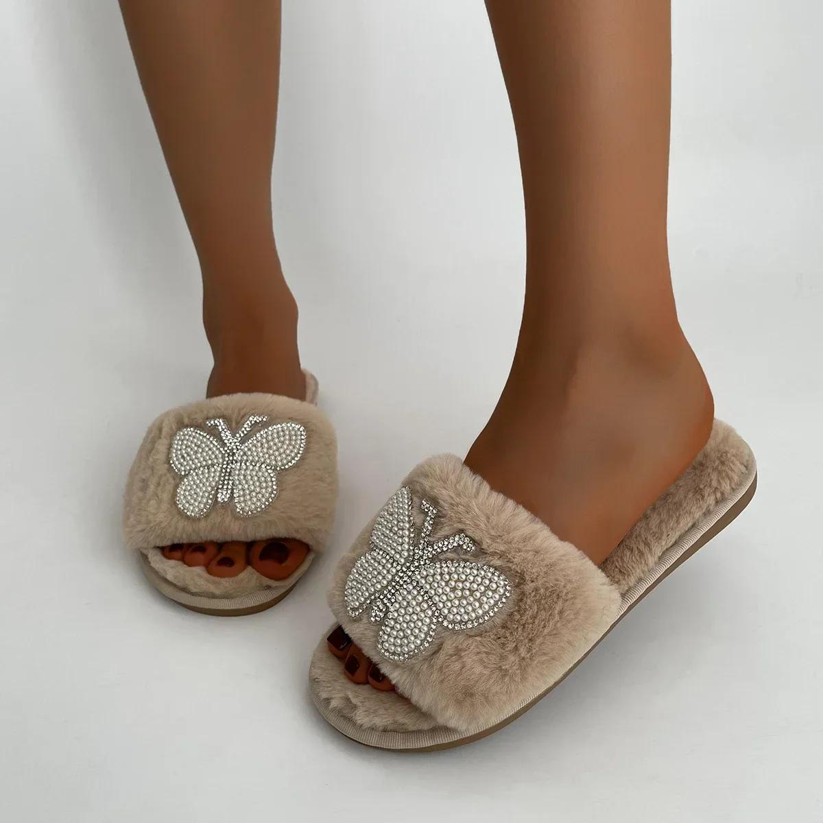 

Теплые плюшевые тапочки женские шлепанцы на плоской подошве пушистые меховые женские туфли нитка бусины жемчужный узел бабочка домашние домашние меховые тапочки 37 бежевый