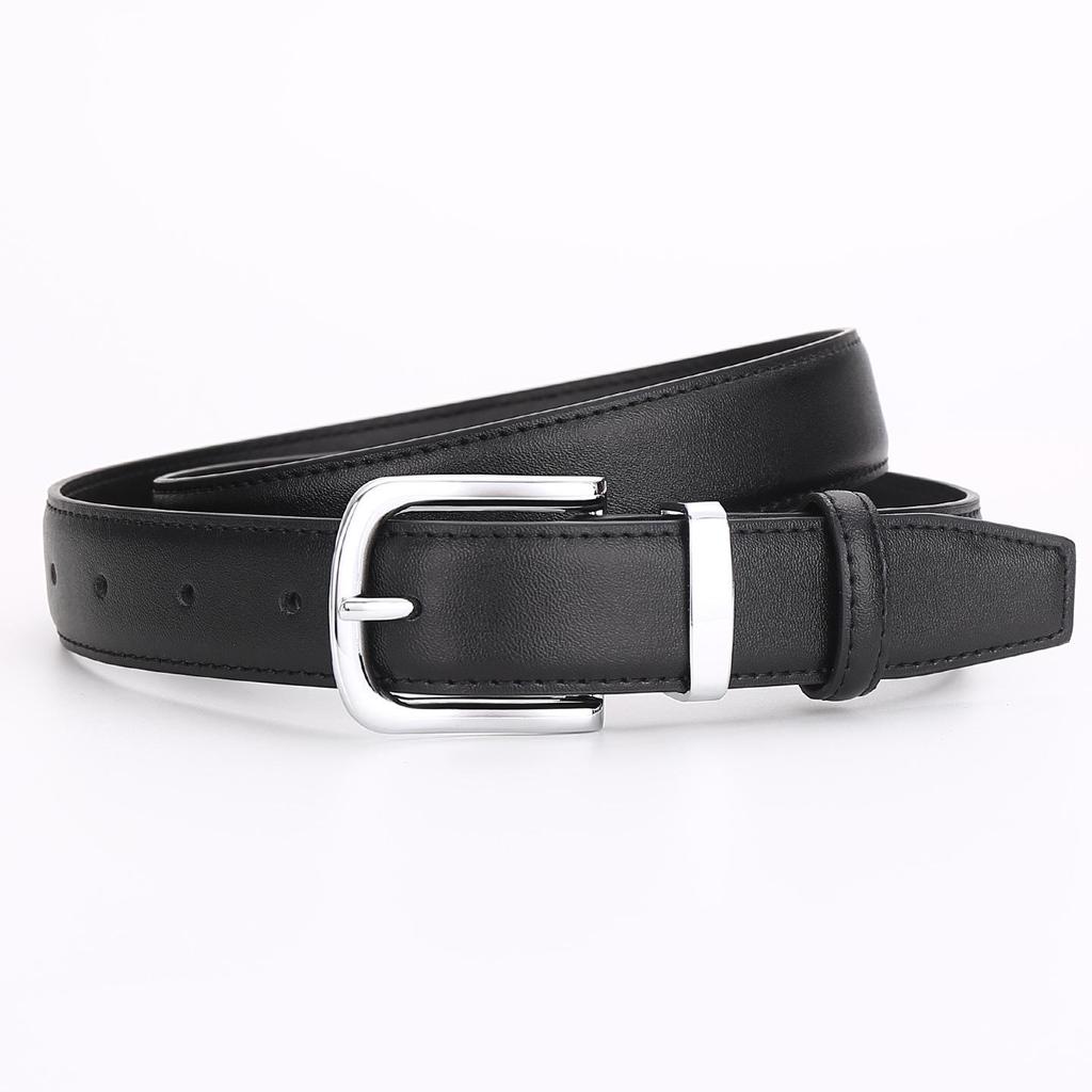 Women's Genuine Cowhide Leather Belt with Square Silver Buckle - Minimalist and Versatile Fashion Accessory