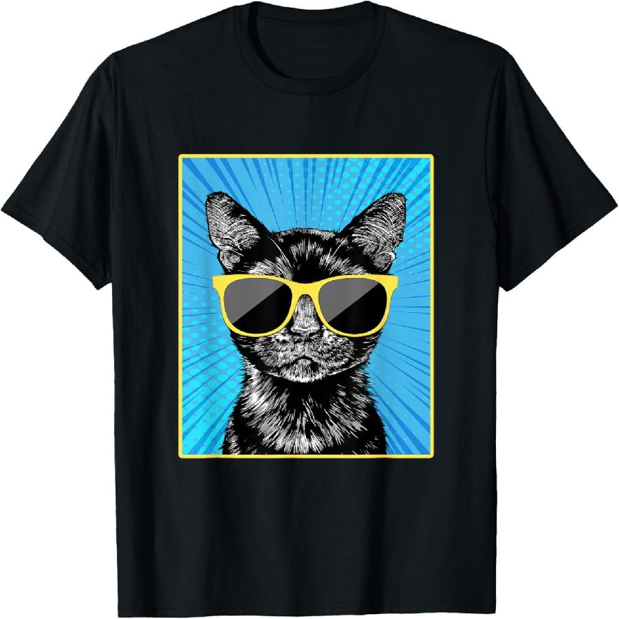 Black Cat Portrait Pop Art Cat with Sunglasses Men Women Kids T-Shirt S
