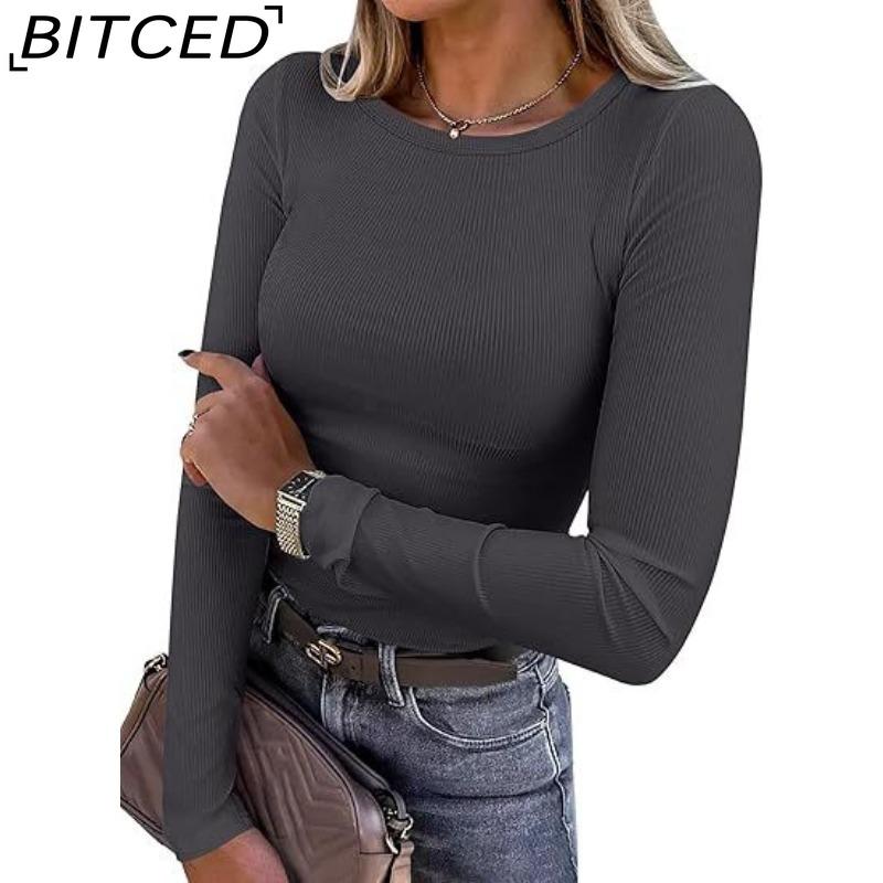 BITCED Women's Long-Sleeved Stretch O-Neck Ribbed T-Shirt Fitted Casual Basic Top