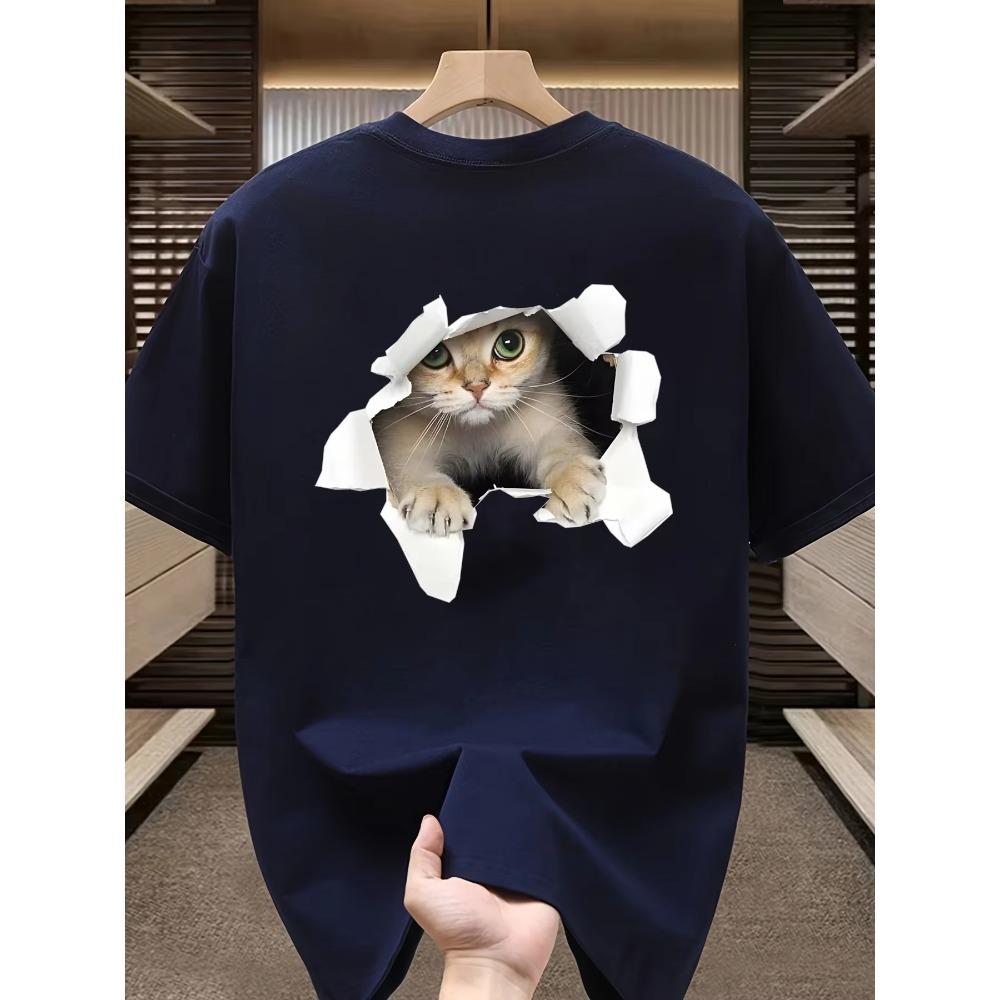 Men's Summer 100 Cotton Fashionable Casual Loose Large Size 3D Cat Pattern Printed Sports Round Neck Short Sleeve T-shirt Top