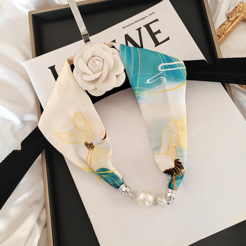 New Luxury Design Magnetic Pearls Button Silk Scarf Women Summer Neck Ornament Silk Scarves Lady Shirt Sunscreen Decoration Gift