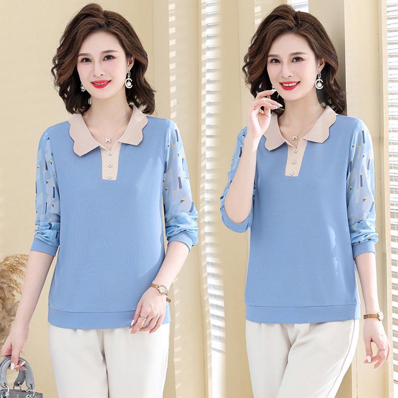 Chiffon Sleeve Patchwork Top for Middle-Aged and Elderly Women 5XL