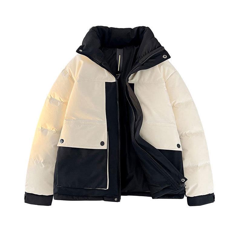 Men's Hooded Down Jacket, New Winter 2025 Color Block, Warm Thickened Workwear with Stand Collar