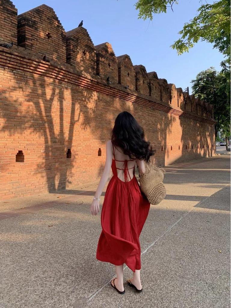 Women's Sexy Backless Red Slip Dress - Perfect for Beach Vacations and Photos