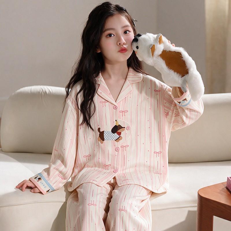 Girls Cotton Pajama Set Long Sleeve 2026 Cartoon Print Home Wear Ages 8 Comfortable Sleepwear
