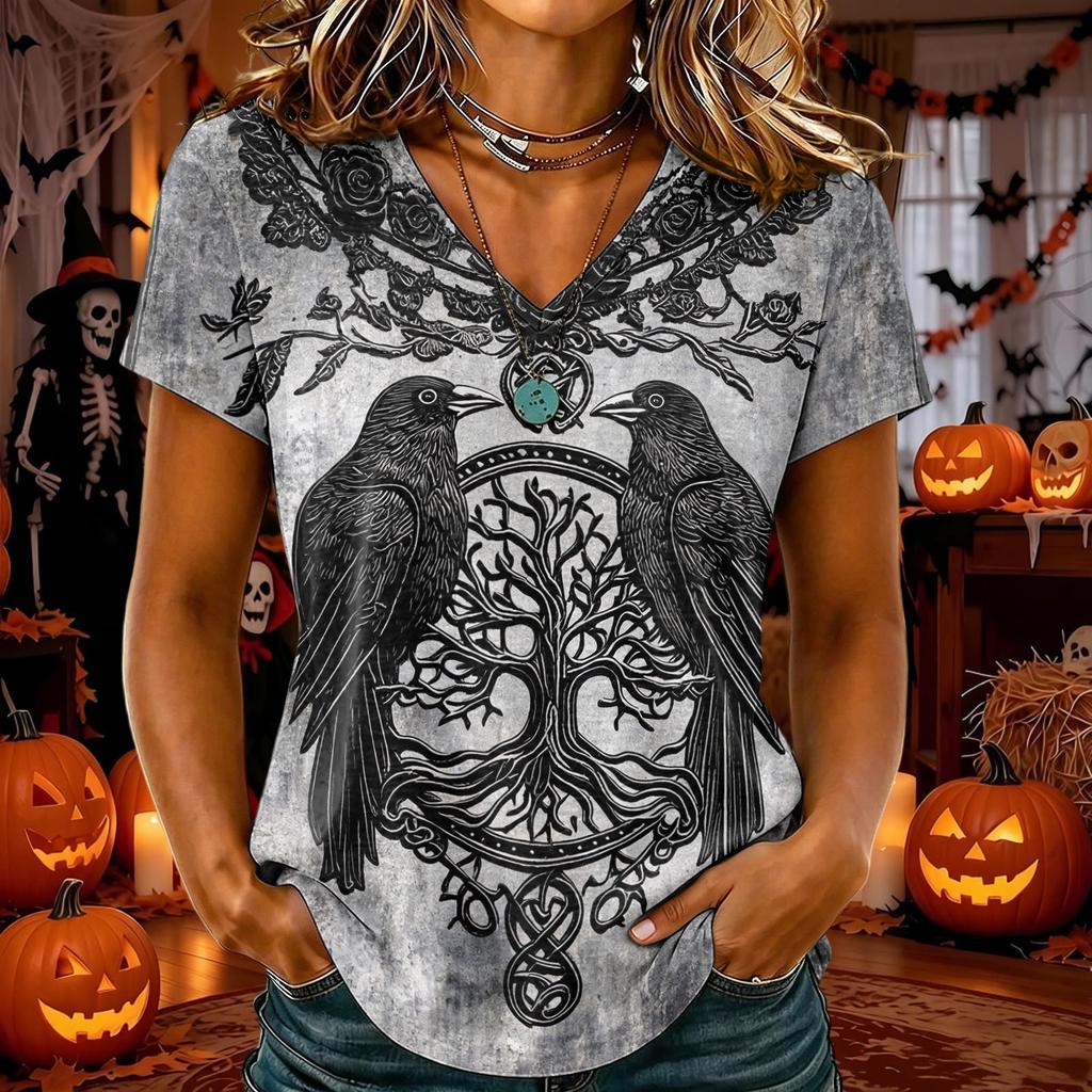 T-shirt d'Halloween pour femme à col en V et manches courtes, Haut décontracté élégant et confortable