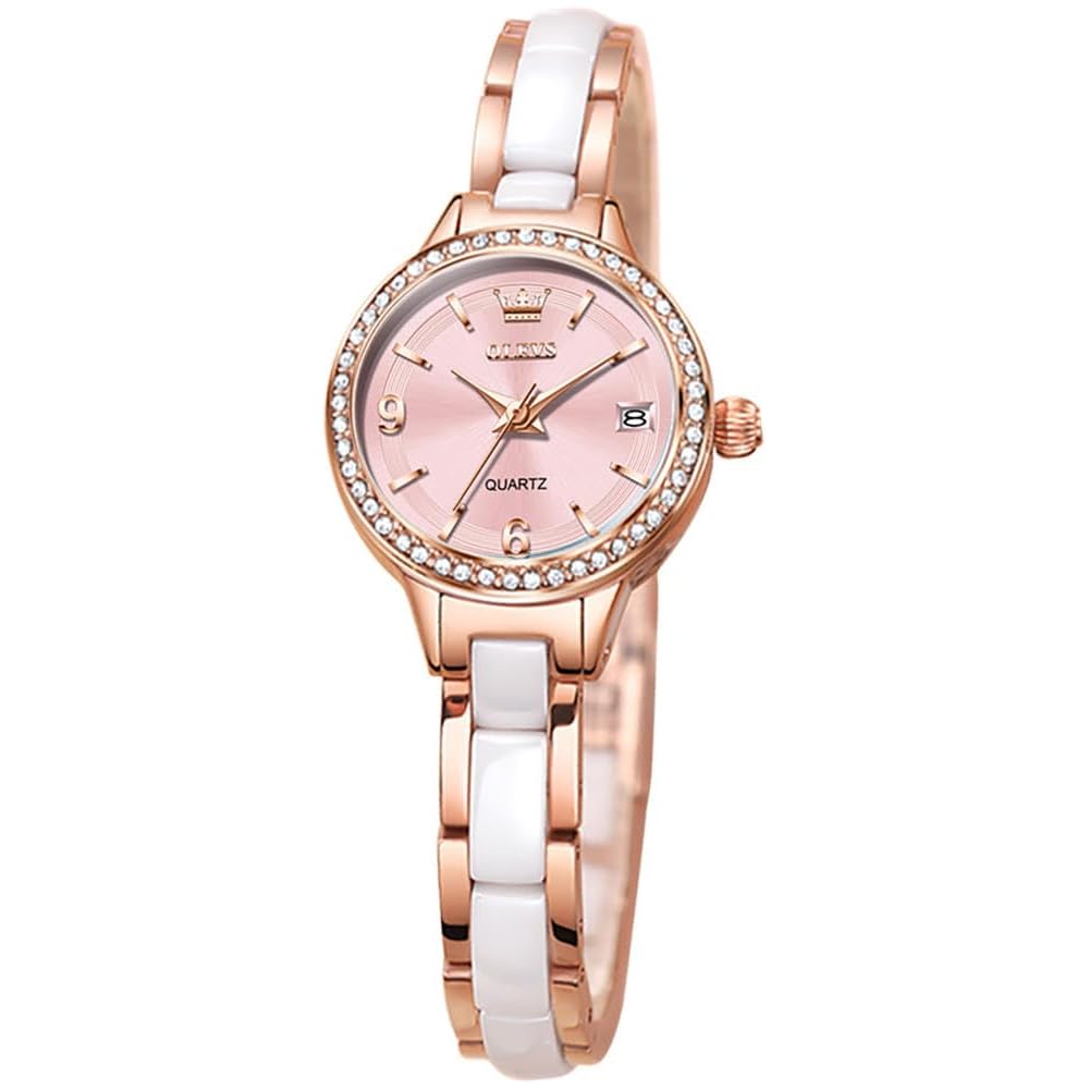 OLEVS Women s Ceramic Diamond Quartz Watch Waterproof Luminous Gold-Pink