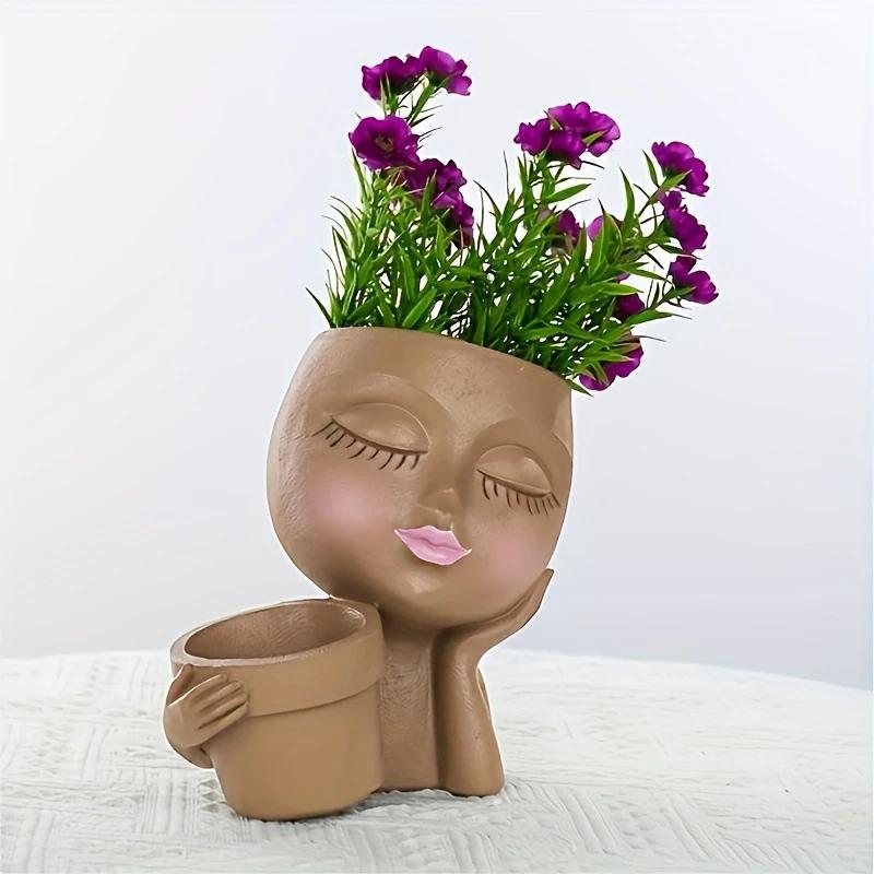 Girl Head Face Flowerpot White Resin DIY Figure Fleshiness Flower Pot with Leakage Hole Garden Pots & Planter Home Decoration