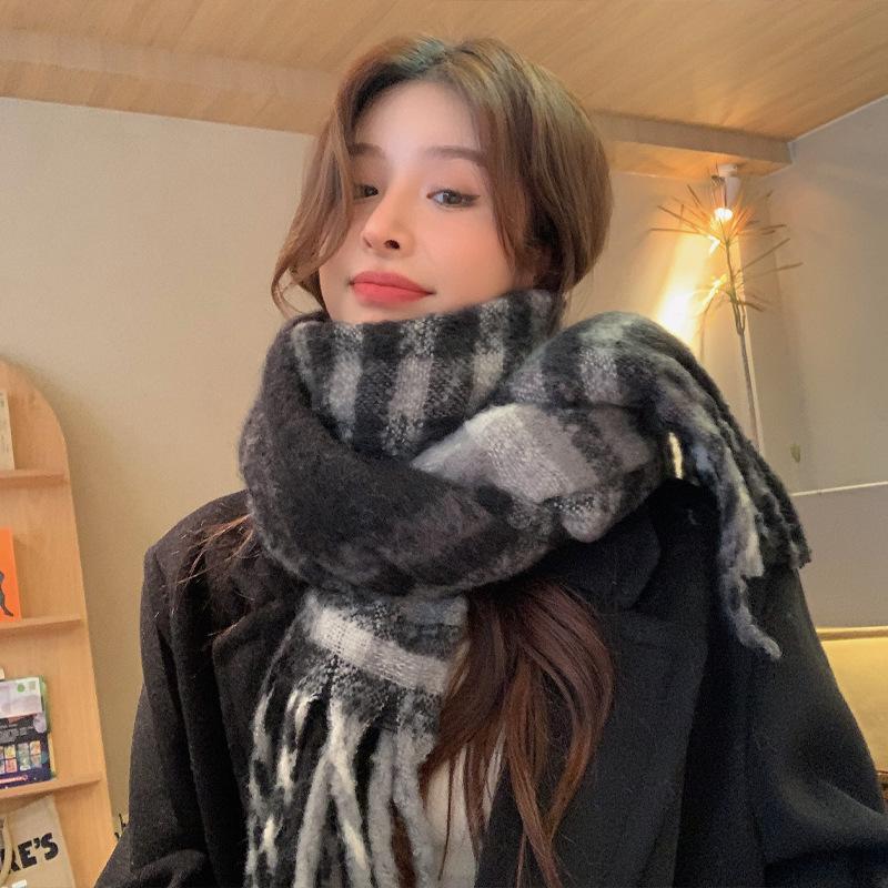 New Maillard Striped Thick Tassel Big Braid Plush Scarf Winter Warm Thickened Lazy Student Scarf