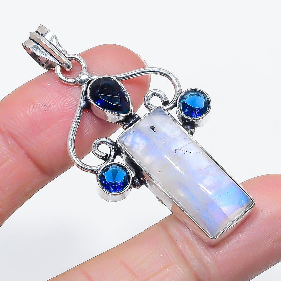 Natural Moonstone, Topaz Gemstone 925 Sterling Silver Jewelry Pendant 2.17" i5N55