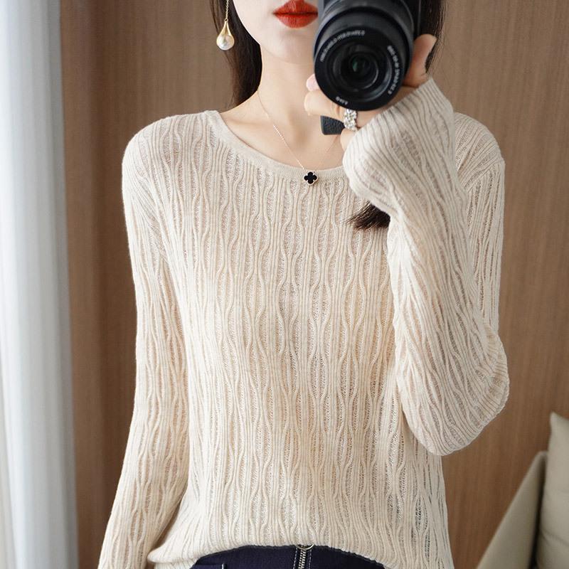 Women's High-Quality Round Neck Crochet Knit Pullover - Long Sleeve, Lightweight, Warm Wool Base Layer Top