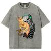 Cartoon Skull Hugging Cat Print Washed Women's T-Shirt Cotton Comfortable and Breathable Black Short Sleeve Loose Top