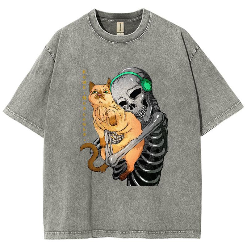 Cartoon Skull Hugging Cat Print Washed Women's T-Shirt Cotton Comfortable and Breathable Black Short Sleeve Loose Top
