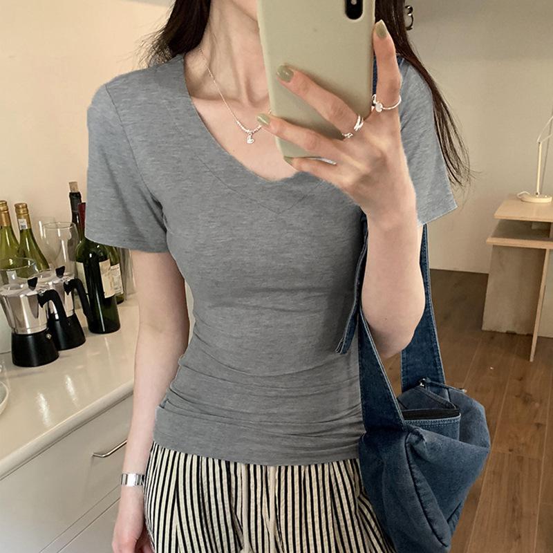 Black V-Neck Short Sleeve Women's Fitted Shoulder T-Shirt