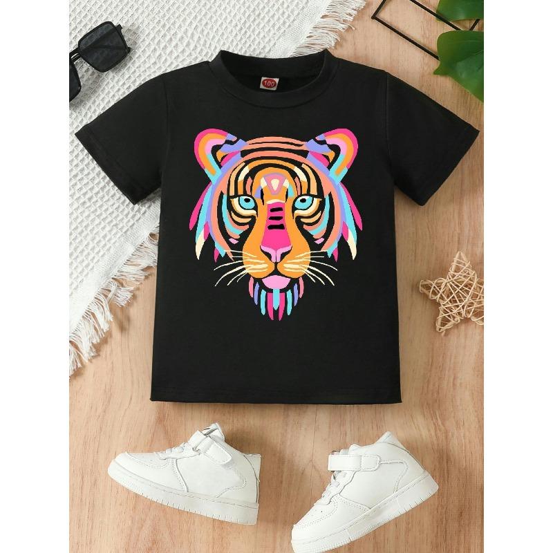 

European sizes Colorful Trendy Tiger Head Printed Pattern. Short-sleeve Crew Neck T-shirt, Available in Black and White, Regular Fit 98cm чёрный
