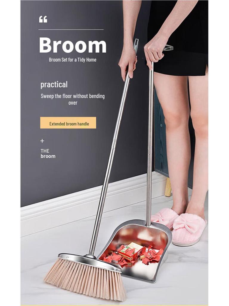 Upgraded Stainless Steel Broom and Dustpan Set with Wear-Resistant, Thickened Handle and Integrated Scooping Bucket