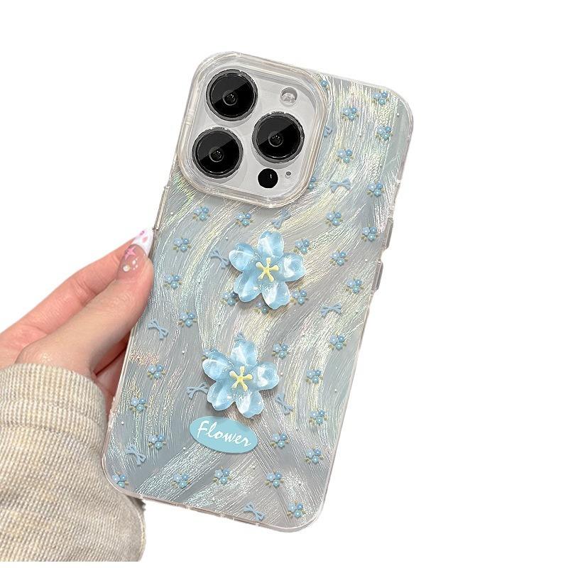 Applicable To Apple 14 Mobile Phone Case Iphone15 Blue Floral Doll 13pro Feather Yarn Laser 11 Full Package Fresh X