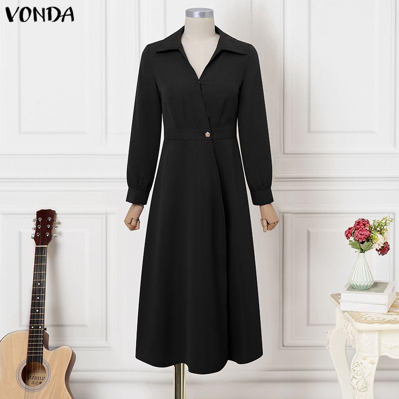 VONDA Women Elegant Turn Down Collar Long Sleeve Slim Waist Casual Pleated Dress S чёрный