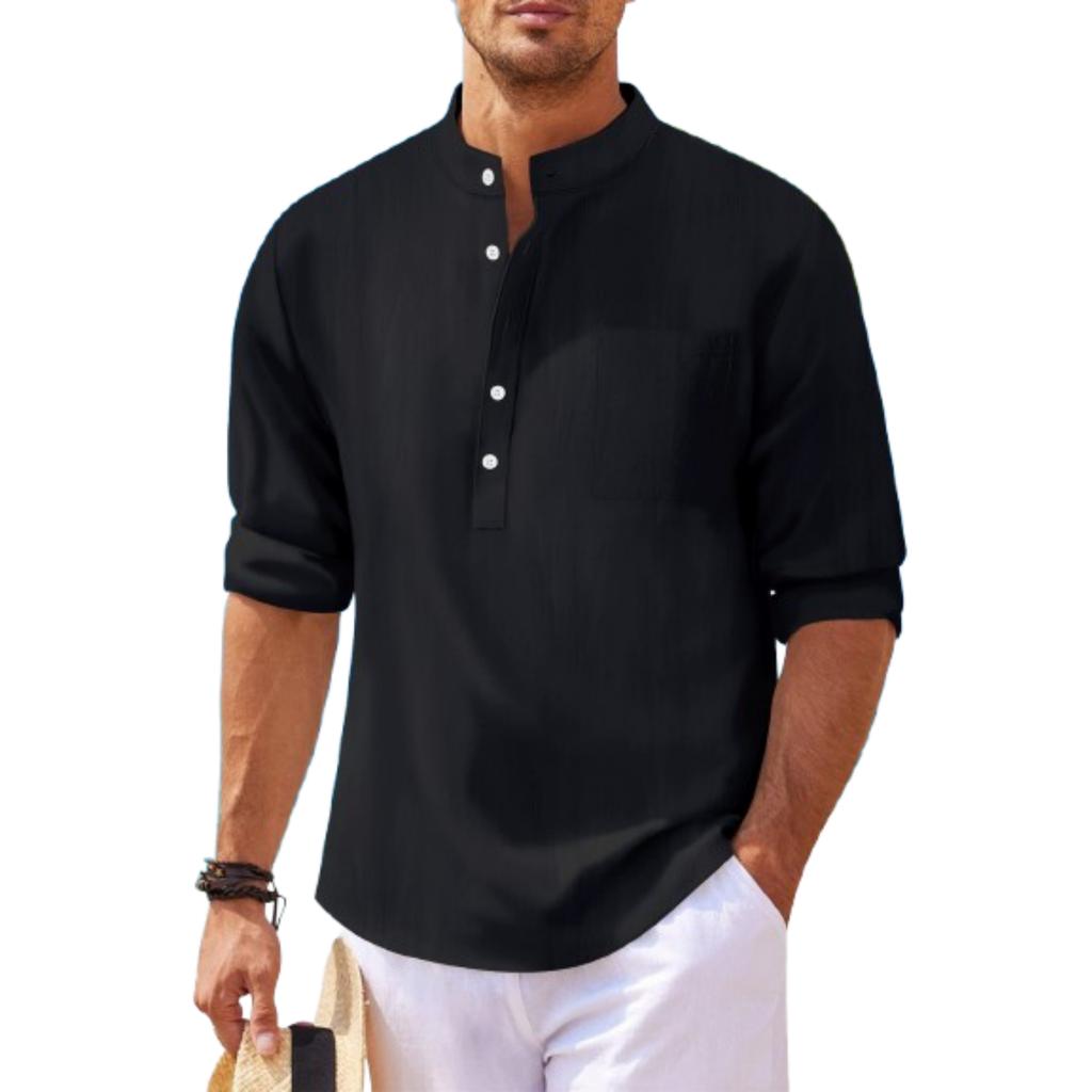 Men's Casual Cotton Linen Stand,up Collar Long,sleeved Shirt