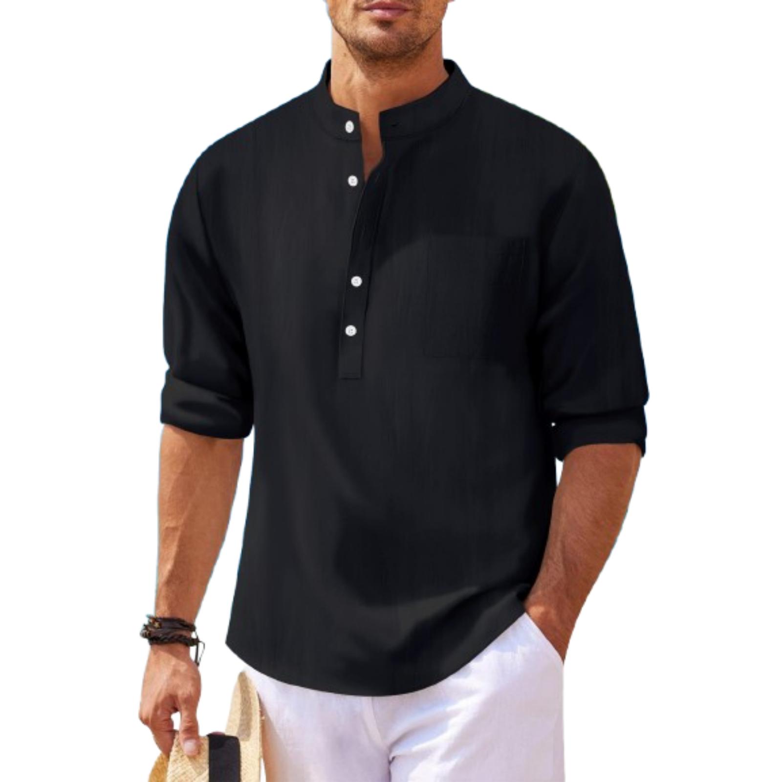 

Men s Casual Cotton Linen Stand,up Collar Long,sleeved Shirt XXXL чорний