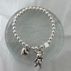 Korean S925 Silver Bear Bracelet: Retro Fashion Heart Bangle with Round Beads and Square Accents