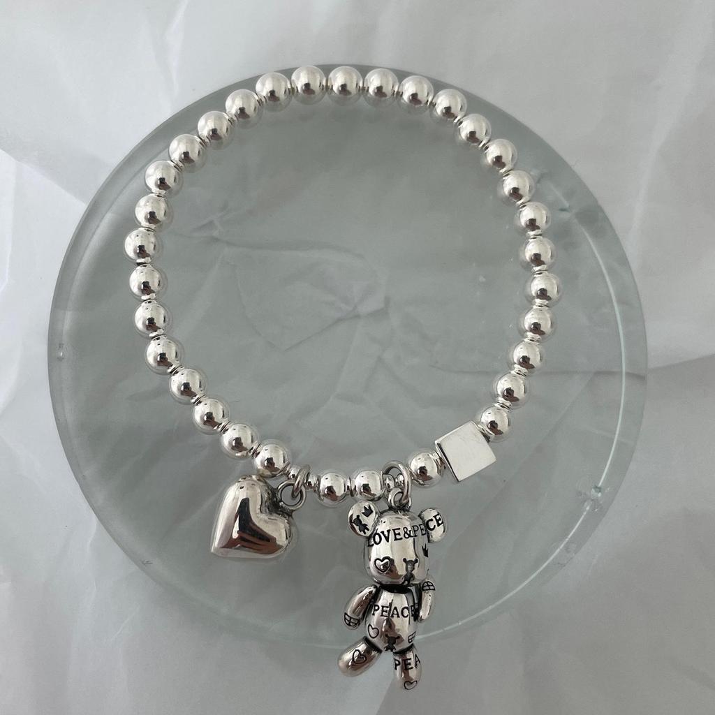 Korean S925 Silver Bear Bracelet: Retro Fashion Heart Bangle with Round Beads and Square Accents