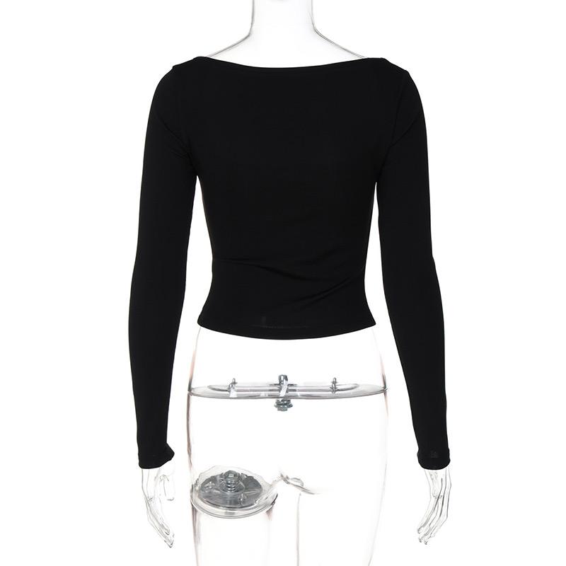 Sexy Slim Fit Square Collar T-Shirt Women Long Sleeve Solid Basic Top Spring Autumn Low Cut Simple Pullover