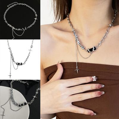 2023 Fashion Black Pendant Necklace Small Design Black Square Splice Starlight Cross Necklace Women Light Luxury Ins Hip-hop Sweet Cool Occidental