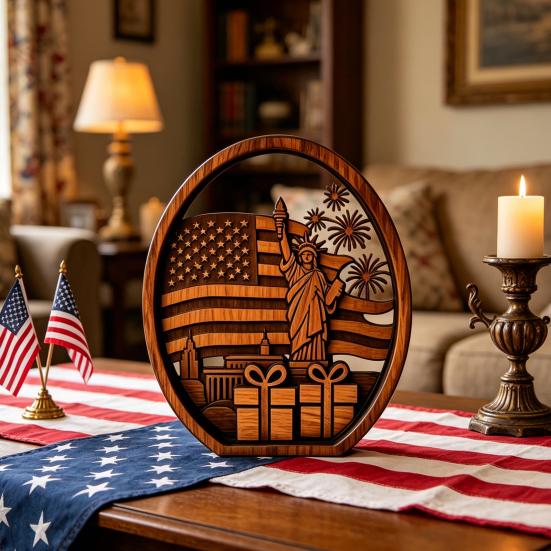 Patriotic 4th of July Table Centerpiece Wooden America Flag Lady Liberty Standing Sign for Independence Day Farmhouse Tiered Tray Decor