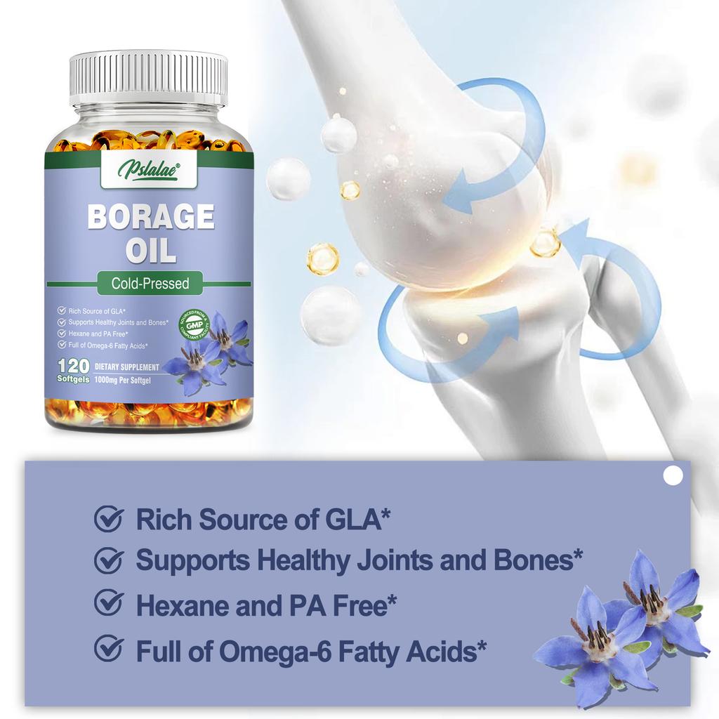 Pslalae High-Absorption Borage Oil Capsules, 1000 mg, 100% Vegan, Suitable for Skin Health and Hair, Easily Absorbed