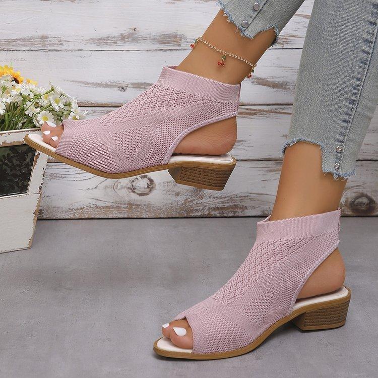 2025 European and American foreign trade new fly-woven rear hollow heel sandals women's knitted breathable hollow fish mouth cool boots 43